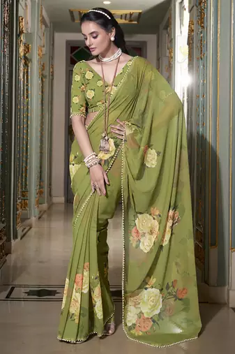Georgette Printed Saree with Pearl Lace Elegance