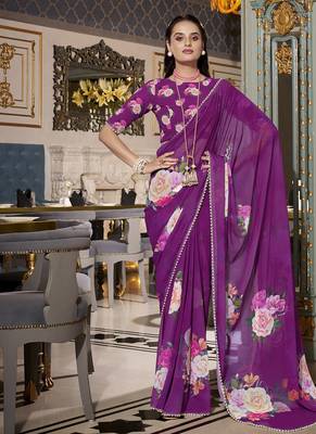 Georgette Printed Saree with Pearl Lace Elegance 1