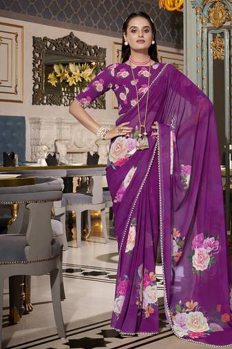 Grace Redefined  Georgette Printed Saree with Pearl Lace Elegance
