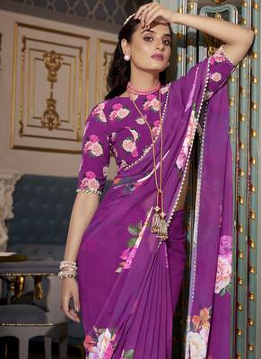 Georgette Printed Saree with Pearl Lace Elegance 2
