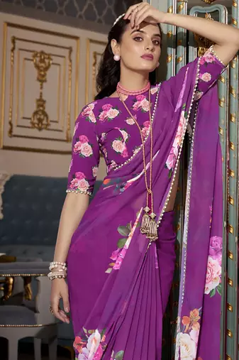 Georgette Printed Saree with Pearl Lace Elegance