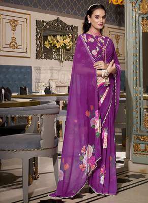 Georgette Printed Saree with Pearl Lace Elegance 4