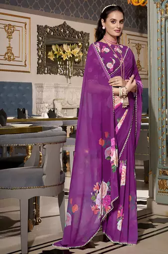 Georgette Printed Saree with Pearl Lace Elegance