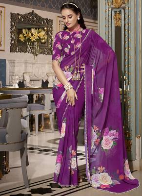 Georgette Printed Saree with Pearl Lace Elegance 5
