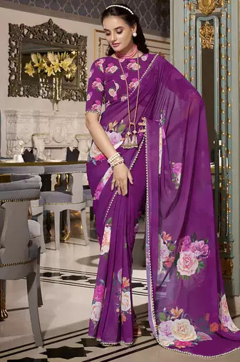Georgette Printed Saree with Pearl Lace Elegance