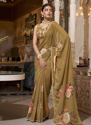 Georgette Printed Saree with Pearl Lace Elegance 1