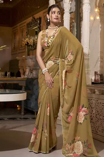 Grace Redefined  Georgette Printed Saree with Pearl Lace Elegance