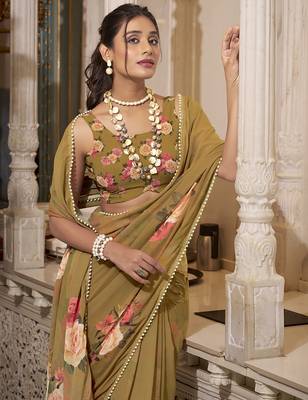 Georgette Printed Saree with Pearl Lace Elegance 2