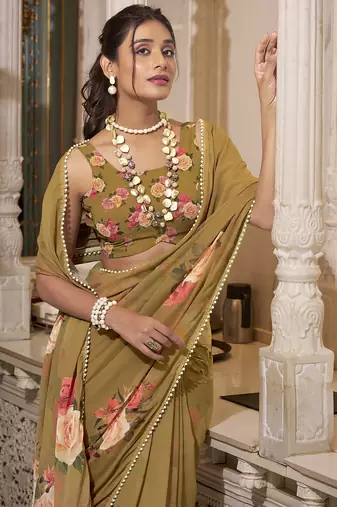 Georgette Printed Saree with Pearl Lace Elegance
