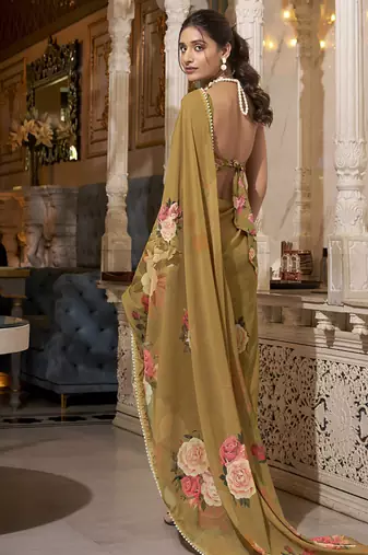 Georgette Printed Saree with Pearl Lace Elegance
