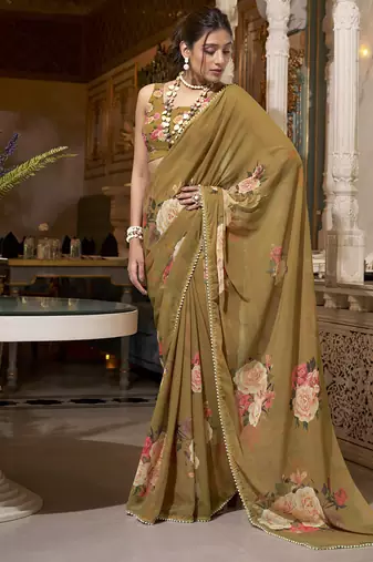 Georgette Printed Saree with Pearl Lace Elegance