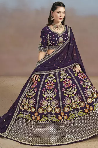 Bewitching Purple Sequins, Zari, Dori and Multi Color Thread Embroidered georgette designer wedding indian lehenga choli