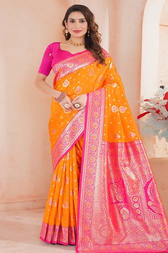 women mustard traditional art silk saree comes with matching blouse