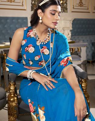 Georgette Printed Saree with Pearl Lace Elegance 2