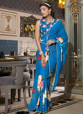 Georgette Printed Saree with Pearl Lace Elegance 4