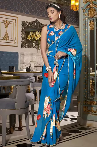 Georgette Printed Saree with Pearl Lace Elegance