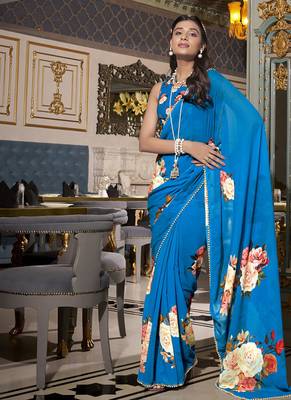 Georgette Printed Saree with Pearl Lace Elegance 5