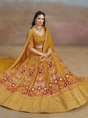 Mustard yellow Sequins Zari Dori and Multi Color Thread Embroidered georgette designer wedding indian dress lehenga 6