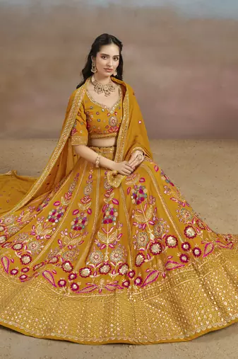 Mustard yellow Sequins, Zari, Dori and Multi Color Thread Embroidered georgette designer wedding indian dress lehenga