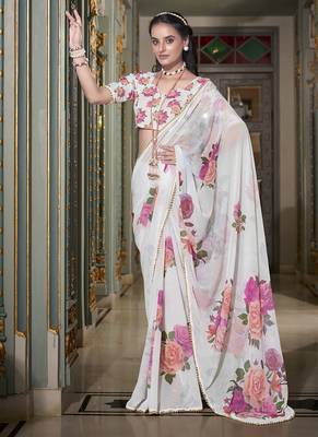 Georgette Printed Saree with Pearl Lace Elegance 1