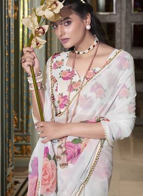 Georgette Printed Saree with Pearl Lace Elegance 2
