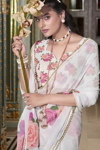 Georgette Printed Saree with Pearl Lace Elegance