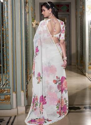 Georgette Printed Saree with Pearl Lace Elegance 3