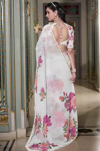 Georgette Printed Saree with Pearl Lace Elegance