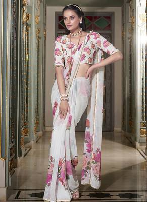 Georgette Printed Saree with Pearl Lace Elegance 4