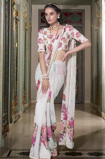 Georgette Printed Saree with Pearl Lace Elegance