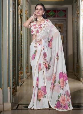 Georgette Printed Saree with Pearl Lace Elegance 5