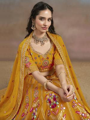 Mustard yellow Sequins Zari Dori and Multi Color Thread Embroidered georgette designer wedding indian dress lehenga 7