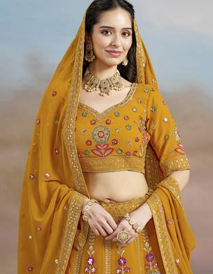 Mustard yellow Sequins Zari Dori and Multi Color Thread Embroidered georgette designer wedding indian dress lehenga 8