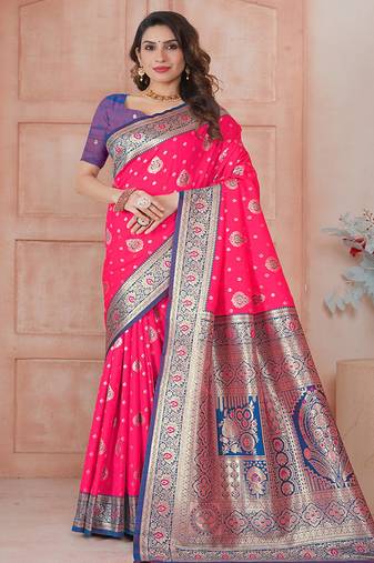 women pink traditional art silk saree comes with matching blouse