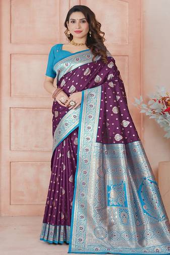  women purple traditional art silk saree comes with matching blouse