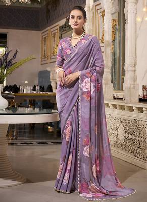 Georgette Printed Saree with Pearl Lace Elegance 1