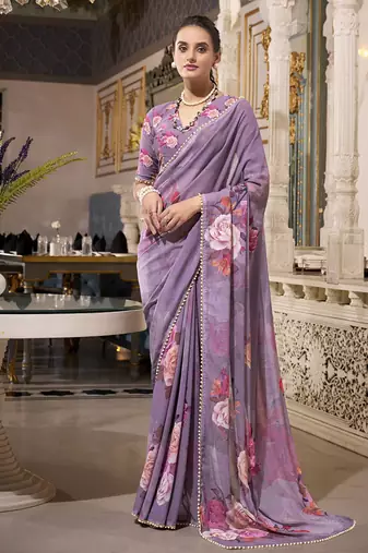 Grace Redefined  Georgette Printed Saree with Pearl Lace Elegance