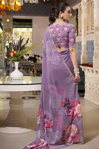 Georgette Printed Saree with Pearl Lace Elegance