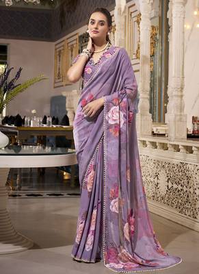 Georgette Printed Saree with Pearl Lace Elegance 4