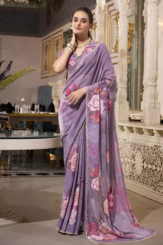 Georgette Printed Saree with Pearl Lace Elegance