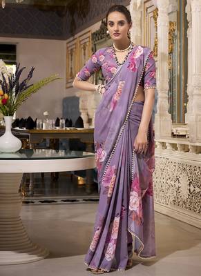 Georgette Printed Saree with Pearl Lace Elegance 5