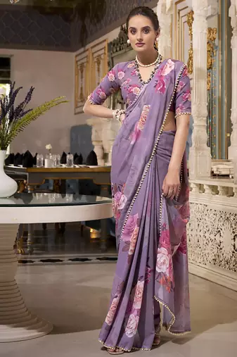 Georgette Printed Saree with Pearl Lace Elegance