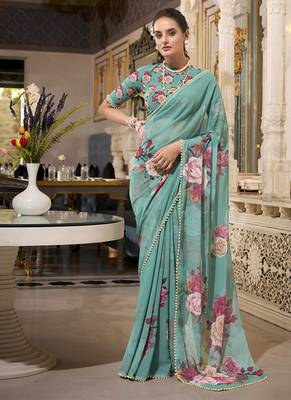 Georgette Printed Saree with Pearl Lace Elegance 1