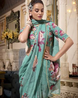 Georgette Printed Saree with Pearl Lace Elegance 2