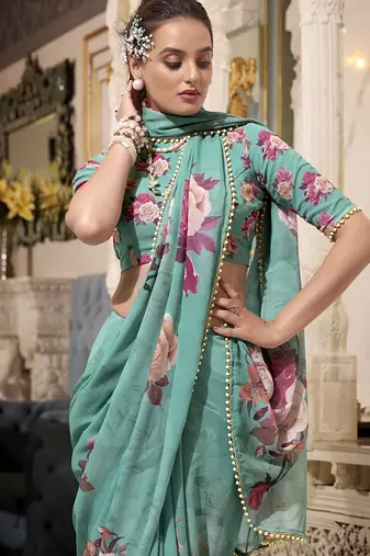 Georgette Printed Saree with Pearl Lace Elegance