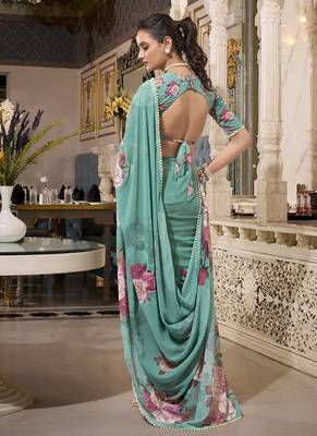 Georgette Printed Saree with Pearl Lace Elegance 3