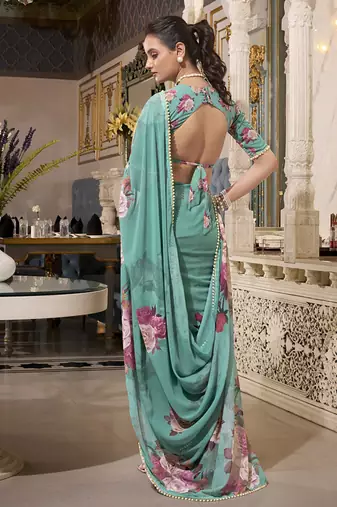 Georgette Printed Saree with Pearl Lace Elegance