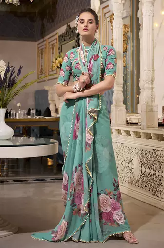 Georgette Printed Saree with Pearl Lace Elegance