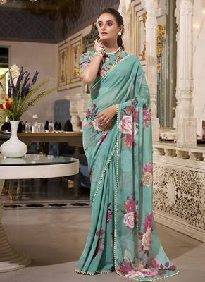 Georgette Printed Saree with Pearl Lace Elegance 5