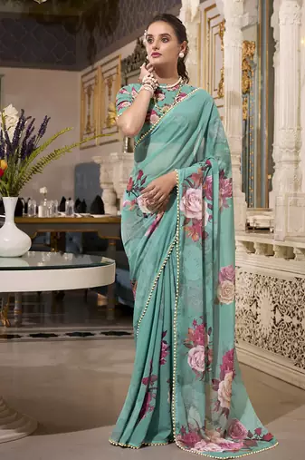 Georgette Printed Saree with Pearl Lace Elegance
